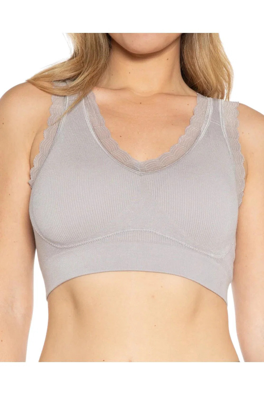 Rhonda Shear Ribbed Knit Lace-Trim Leisure Bra Gray -